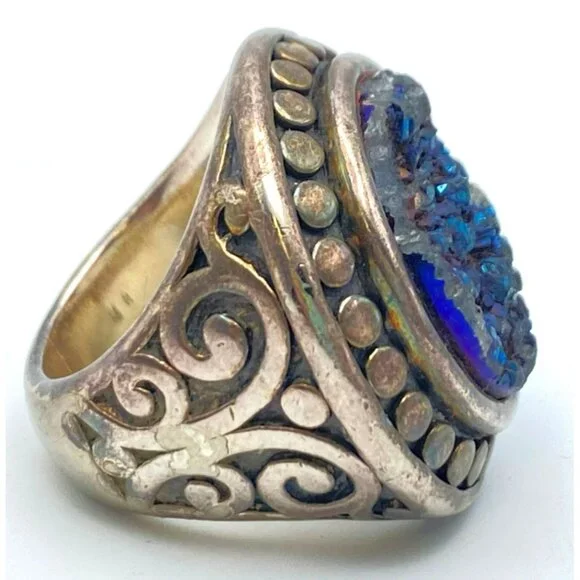 Vintage Druzy Stone Silver Ring Size 8 Opalescent Iridescent Crystals MARKED - Picture 4 of 10